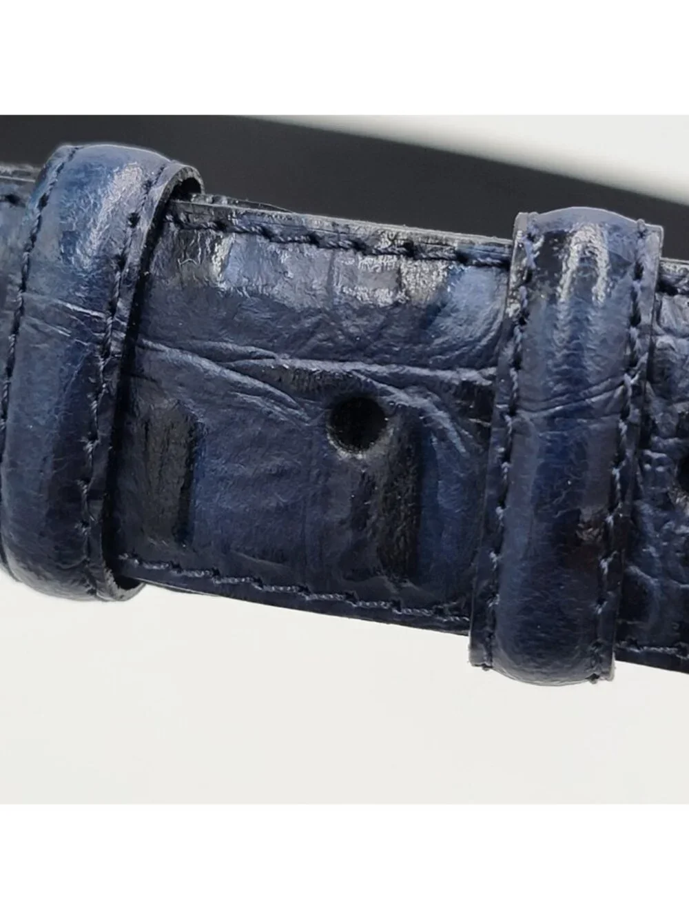 Vtg Giorgio Brutini Genuine Navy Blue Leather Belt With Embossed Texture & Silve